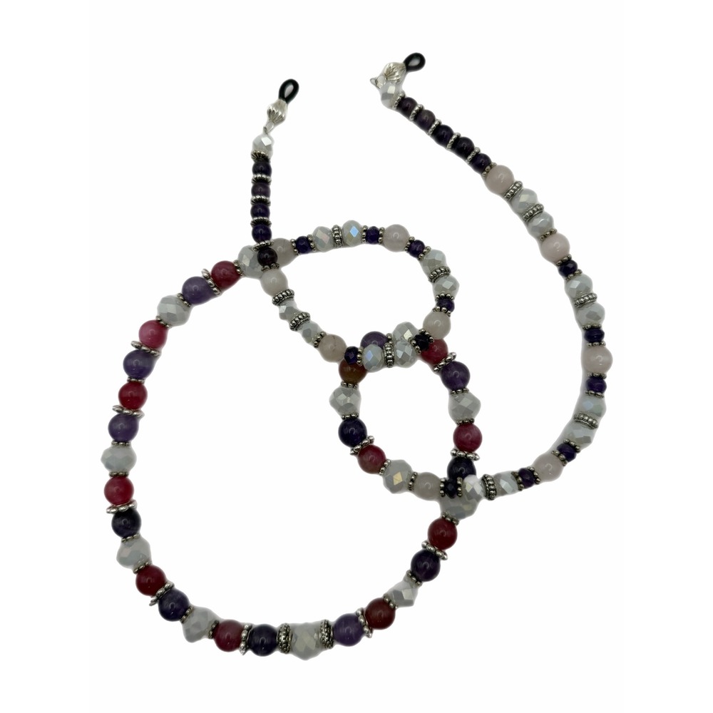 Beaded Eyeglass Chain Holder Purple Red White Iridescent Silver Tone Accents